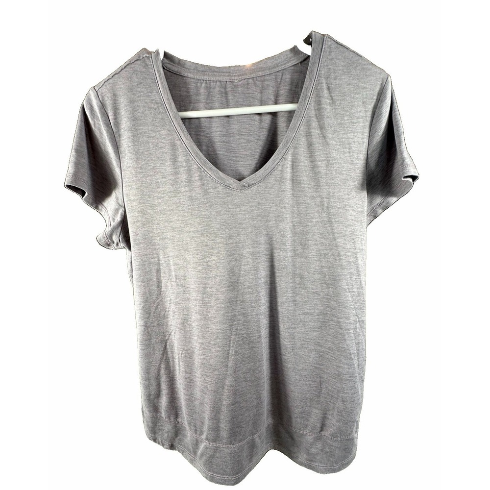 Vuori Tee Athletic Top Womens M Lightweight Cotton Yoga Travel V Neck Gray Blue